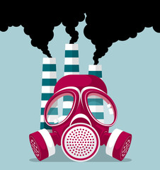 Industrial pollution concept design, gas mask and three chimneys, smoke billowing.