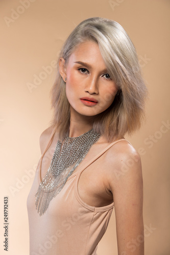 Asian Woman After Applying Make Up Silver Gray Hair Style No