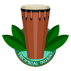 Sticker - Tropical music label with a conga and leaves. Vector illustration design