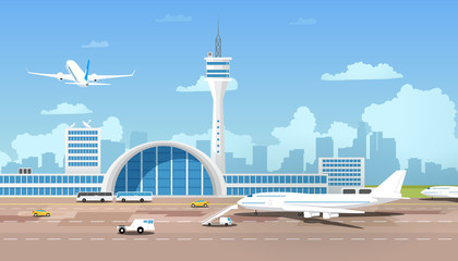 modern airport terminal and runaway cartoon vector