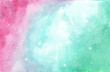 © Khaneeros - Light pink, blue and green layout with cosmic stars. Watercolor galaxy sky background with stars. fantasy background and pastel color.