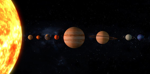 Wall Mural - Planets on the solar system in a line. 3D rendering, elements of this image furnished by NASA