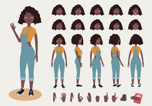 Afro American Teenage Girl Character With Various Views And Face Emotions. Front, Side, Back, 3/4 View Animated Character. 