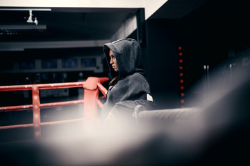 Wall Mural - Badass powerful caucasian female boxer posing in ring with hoodie on head.