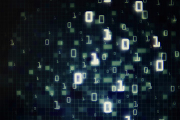 Poster - Matrix Futuristic space theme multiple exposure binary numbers moving down from top of the frame on blue and black background. blue block pixel for computer data transfer information concepts.
