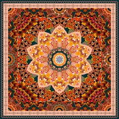 Wall Mural - Lovely tablecloth or beautiful bandana print in ethnic style with mandala flower on ornamental background in warm tones