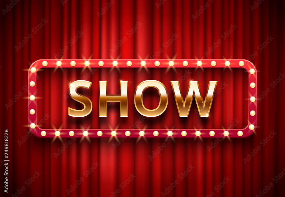 Theater show label. Festive stage lights shows, golden text on red curtains vector background illustration - obrazy, fototapety, plakaty 