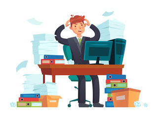 Manager overworked. Office overwork, unorganized paperwork and business work document sheets piles cartoon illustration