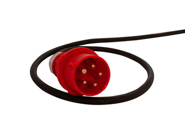 red and white old high voltage ac outlet, industrial power plug with black cable, isolated on white 