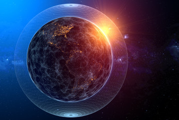 Wall Mural - global network concept,the rising sun over the planet earth