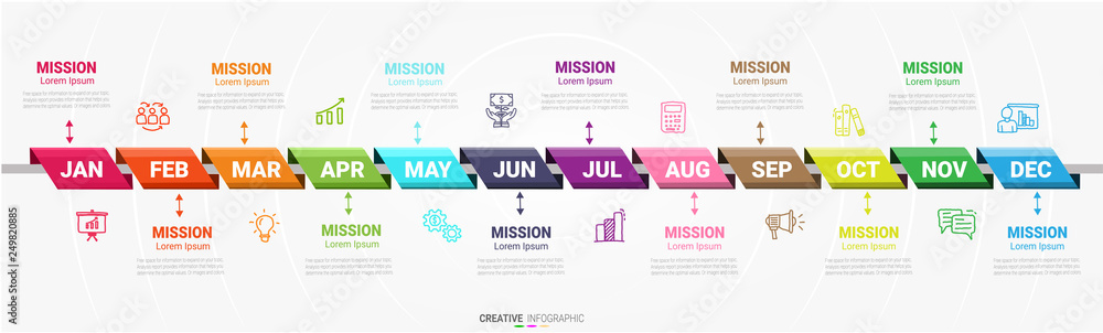 Year planner, 12 months, 1 year, Timeline infographics design vector and Presentation business can be used for Business concept with 12 options, steps or processes. - obrazy, fototapety, plakaty 