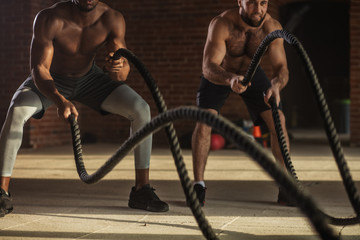 Wall Mural - Muscular half-naked body athletes doing some crossfit exercises with a rope indoor, preparing to competitions and effectively burning excess fat.