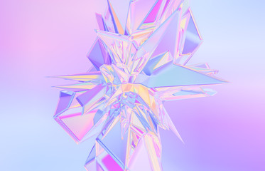 Poster - 3d render. Abstract geometric crystal background, iridescent texture, faceted gem.