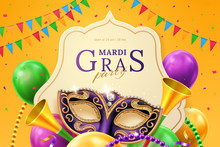 Purple Mask With Diamonds For Carnival At Mardi Gras Invitation Flyer. Balloons And Horns, Beads And Flags, Crepe Paper Streamer At Venice Parade Background. New Orlean Parade Banner. Venetian Holiday