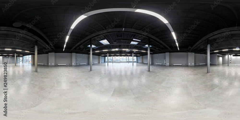  Empty room without repair. full seamless spherical hdri panorama 360 degrees in interior of white loft room for office with panoramic windows in equirectangular projection - obrazy, fototapety, plakaty 