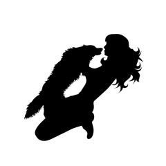 Sticker - Illustration of woman with dog icon. Vector silhouette on white background. Symbol of friendship.