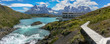 Torres Del Paine Range with hotel, lake and waterfall - Chile