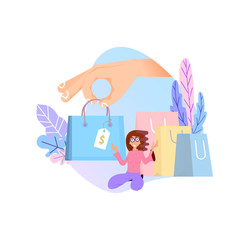 Wall Mural - Shopping online concept. Flat design tiny woman and big bags