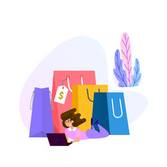 Wall Mural - Shopping online concept. Flat design tiny woman and big bags