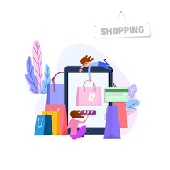 Wall Mural - Shopping online concept. Flat design tiny woman and big bags