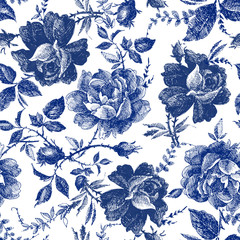  bez szwu z kwiatami róż. Bajkowy las. ręcznie rysowane grafiki botanicznej wzór linii vintage. modny design tekstylny w kolorze indygo. ilustracja kwiatowy