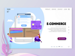 Wall Mural - The concept of e - commerce. Hand holding smartphone flat cartoon illustration.