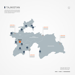  Tajikistan map with borders, cities, capital and administrative divisions. Infographic vector map. Editable layers clearly labeled.