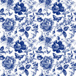 seamless design with roses flowers. Fairytale forest. hand drawn vintage botanical pattern line graphics. fashion textile design Indigo color. floral illustration