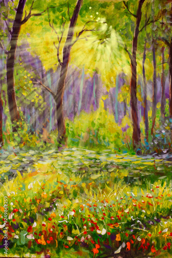 Beautiful Forest In Spring With Bright Sun Shining Through The Trees Oil Painting Art Print For Wall Decor Acrylic Artwork Big Size Poster Watercolor Drawing Modern Style Fine Art Buy This
