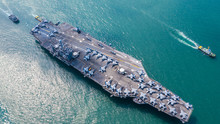 American Navy Nuclear Aircraft Carrier, USA Military Navy Ship Carrier Full Loading Fighter Jet Aircraft, Aerial View.