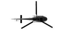 Aerial Top View Of Flying Black Metal Rotating Blades Helicopter Isolated On White Background With Alpha Mask Channel Motion Footage.
