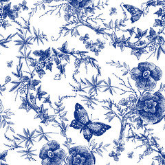 seamless design with roses flowers. Fairytale forest. hand drawn vintage botanical pattern line graphics. fashion textile design Indigo color. floral illustration