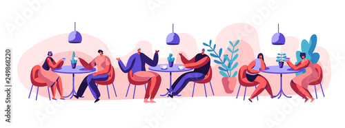 Two Girl Or Pair Of Female Friend Sit At Table Drink Coffee Or Tea Talk Gossip Business Woman Girlfriend Friendly Meeting And Conversation At Cafe Table Flat Cartoon Vector Illustration Stock Vector