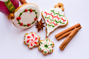  Traditionally decorated Christmas ornament gingerbread cookies background