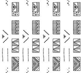 Wall Mural - Seamless vector geometrical pattern with hand drawn decorative elements Graphic abstract design, drawing illustration. Print for fabric, textil, wallpaper, wrapping packaging Line drawing Doddle style