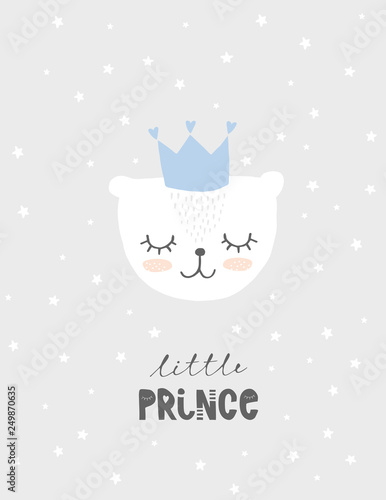 Lovely Little Prince Vector Illustration Cute White Baby Bear Wearing Blue Crown With Heart Light Gray Starry Background Sweet Nursery Art Pastel Colors Design For Baby Boy Simple Baby Shower Card Buy