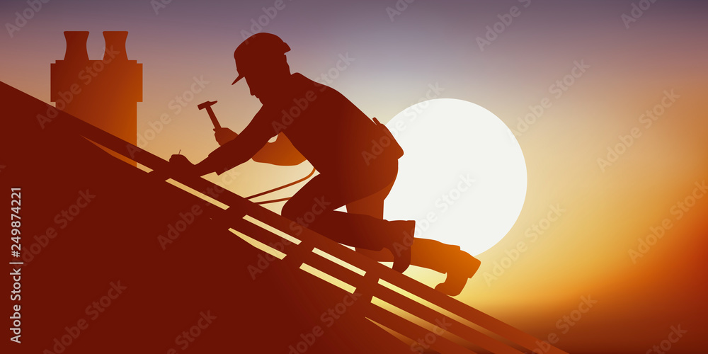 Métier du bâtiment avec un couvreur sur le toit d’une maison qui pose des tuiles. Accroupi sur une charpente, il travail sous une chaleur accablante. - obrazy, fototapety, plakaty 