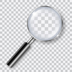 Wall Mural - Vector realistic shiny transparent magnifying glass with shadow isolated on transparent background - analysis, search, exploration