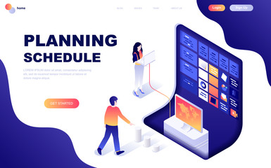 Wall Mural - Modern flat design isometric concept of Planning Schedule decorated people character for website and mobile website development. Isometric landing page template. Vector illustration.