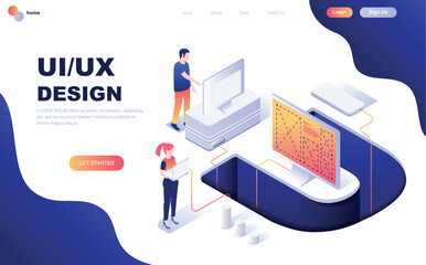 Modern flat design isometric concept of UX, UI Design decorated people character for website and mobile website development. Isometric landing page template. Vector illustration.