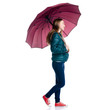 © Kabardins photo - Woman in green jacket with umbrella in hand goes walking on white background. Isolation