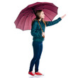 © Kabardins photo - Woman in green jacket with umbrella in hand walking on white background. Isolation