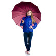 © Kabardins photo - Woman in blue jacket with umbrella in hand goes walking on white background. Isolation