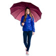 © Kabardins photo - Woman in blue jacket with umbrella in hand goes walking on white background. Isolation
