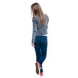 © Kabardins photo - Woman in jeans goes walking on white background. Isolation, back view