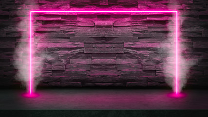 Wall Mural - Empty dark stone table with pink fluorescent neon laser lights in smoke. Party and night club concept background with copy space for text or product display.