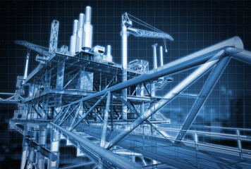 blue screen oil rig construction plant,3d rendering.