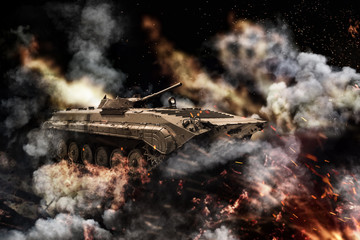 Wall Mural - Self-propelled military installation in the burning flames