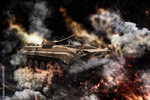 Fotografie, Obraz Self-propelled military installation in the burning flames