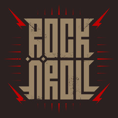 Wall Mural - Rock'n'roll - music poster with stylized inscription, red lightnings and star. Rock and roll - t-shirt design. T-shirt apparels cool print with inscription.